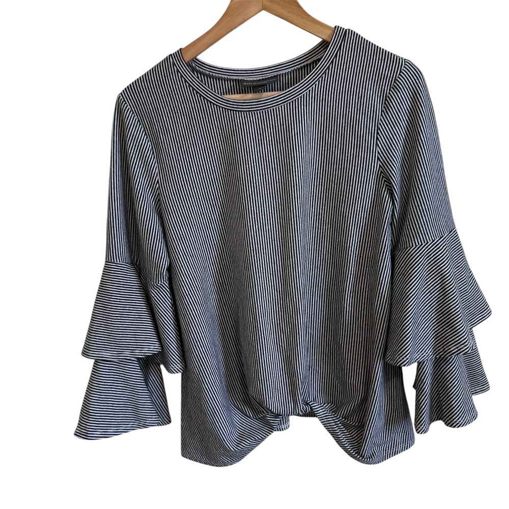 Bold Elements Striped Ruffle‎ Sleeve Blouse Knot Front Top Womens Medium